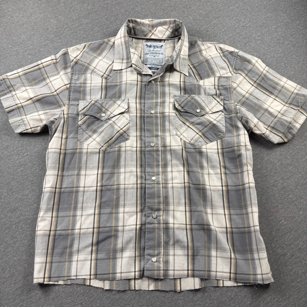 Levi Strauss Mens Plaid Western Pearl Snap Short Sleeve Shirt Grey Large 3LYSW09
